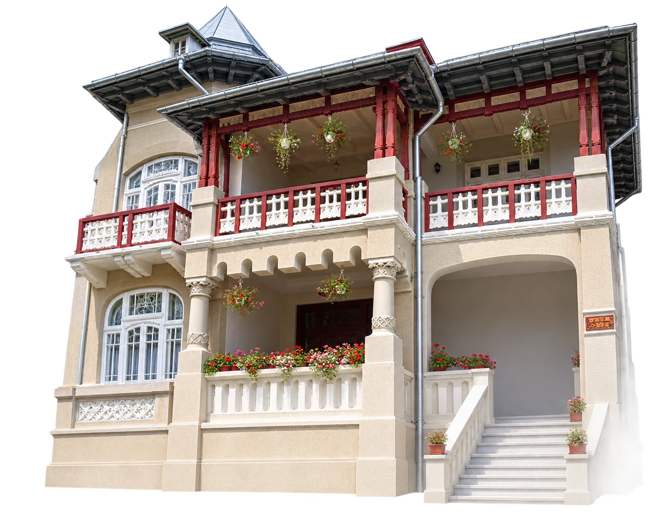 Vila Lili — Fassade mit roten Holzbalkonen, verzierten Säulen und der Eingangstreppe